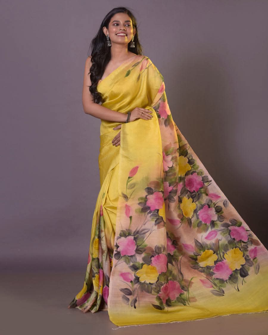 Yellow Pure Bishnupuri 3-Ply Silk Saree | Hand-Painted Masterpiece