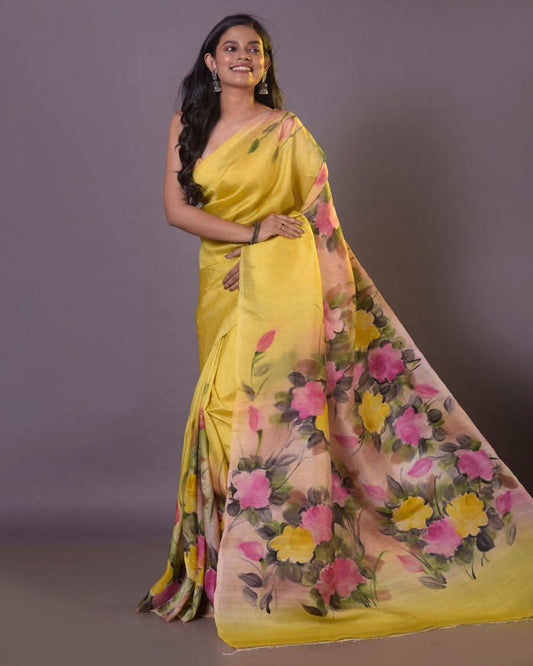 Yellow Pure Bishnupuri 3-Ply Silk Saree | Hand-Painted Masterpiece