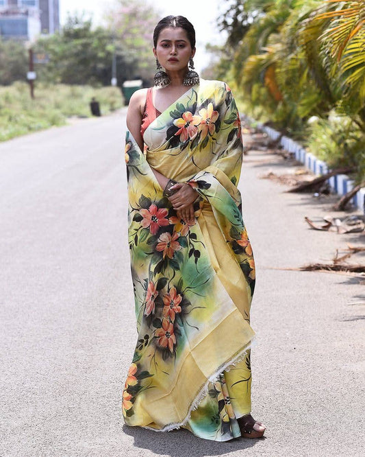 Sandalwood Pure Bishnupuri 3-Ply Silk Saree | Hand-Painted Elegance