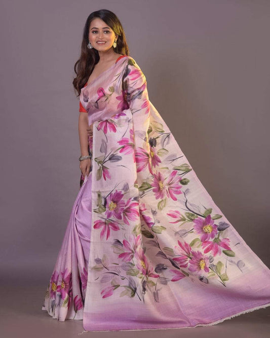 Lavender Pure Bishnupuri 3-Ply Silk Saree | Hand-Painted Luxury