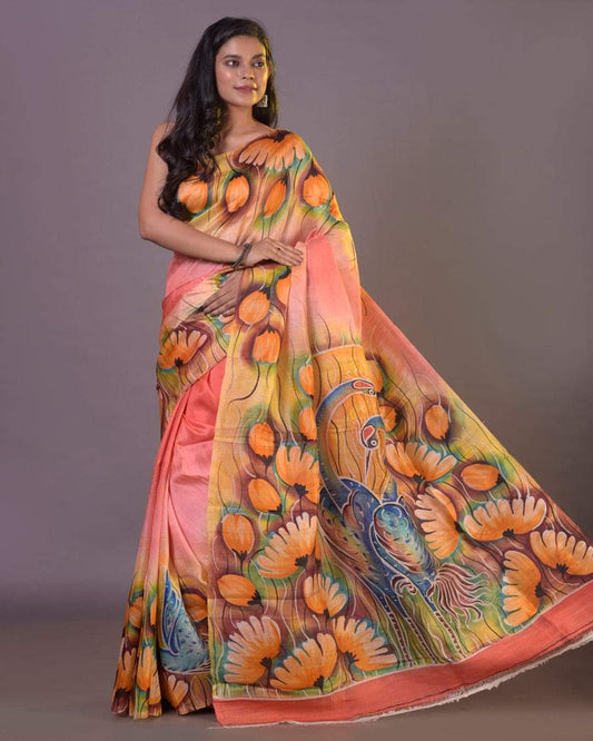 Peach–Coral Pink Pure Bishnupuri 3-Ply Silk Saree | Hand-Painted Elegance