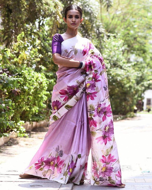 Light Purple Pure Bishnupuri 3-Ply Silk Saree | Hand-Painted Elegance