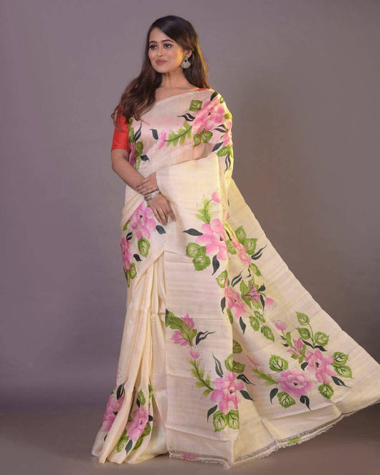 Light Cream Pure Bishnupuri 3-Ply Silk Saree | Hand-Painted Luxury