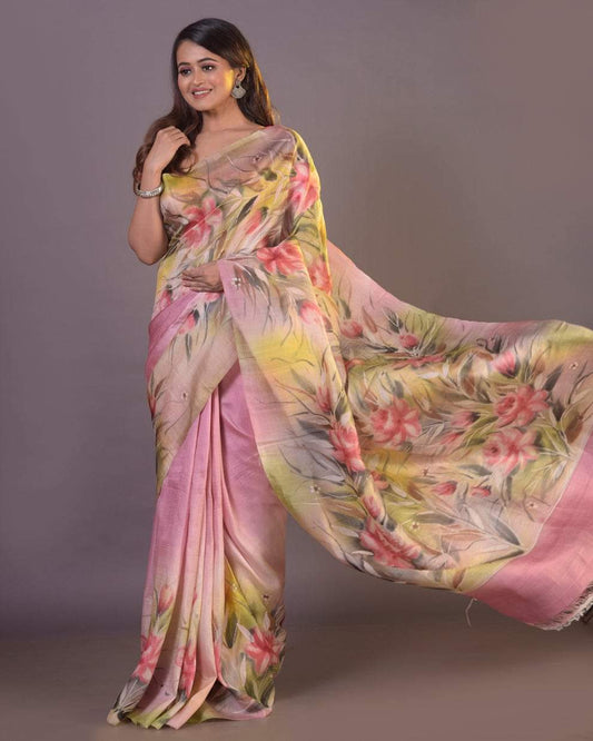 Soft Pink Pure Bishnupuri 3-Ply Silk Saree | Hand-Painted Elegance