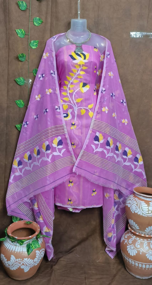 Royal Radiance: Unstitched Purple Jamdani Cotton Suit Set