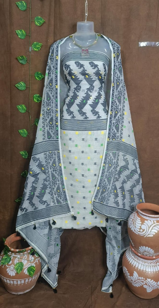 Elegant Grey & Cream Jamdani Suit