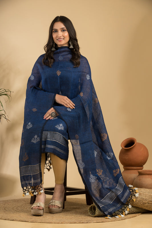 Blue Pure Linen Jamdani Handwoven Suit with Tassel Dupatta