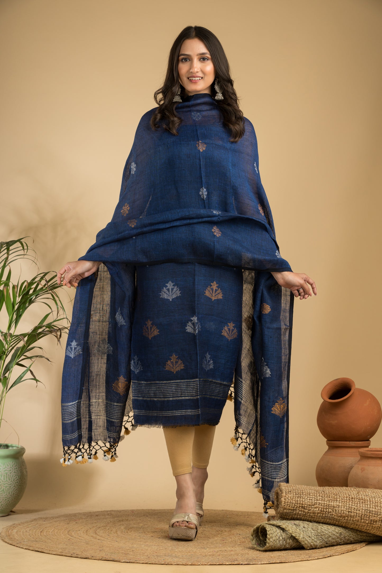 Blue Pure Linen Jamdani Handwoven Suit with Tassel Dupatta