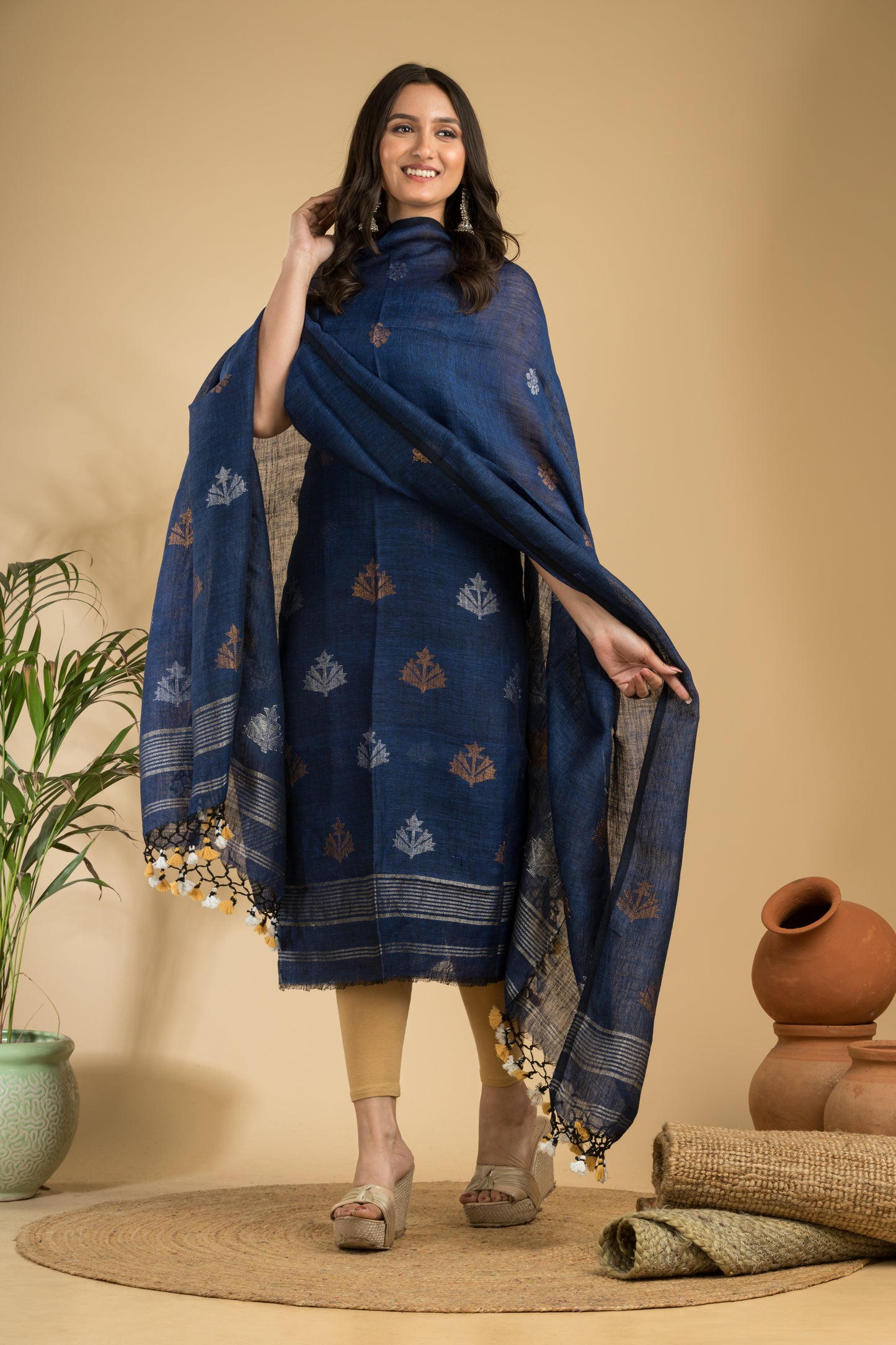 Blue Pure Linen Jamdani Handwoven Suit with Tassel Dupatta