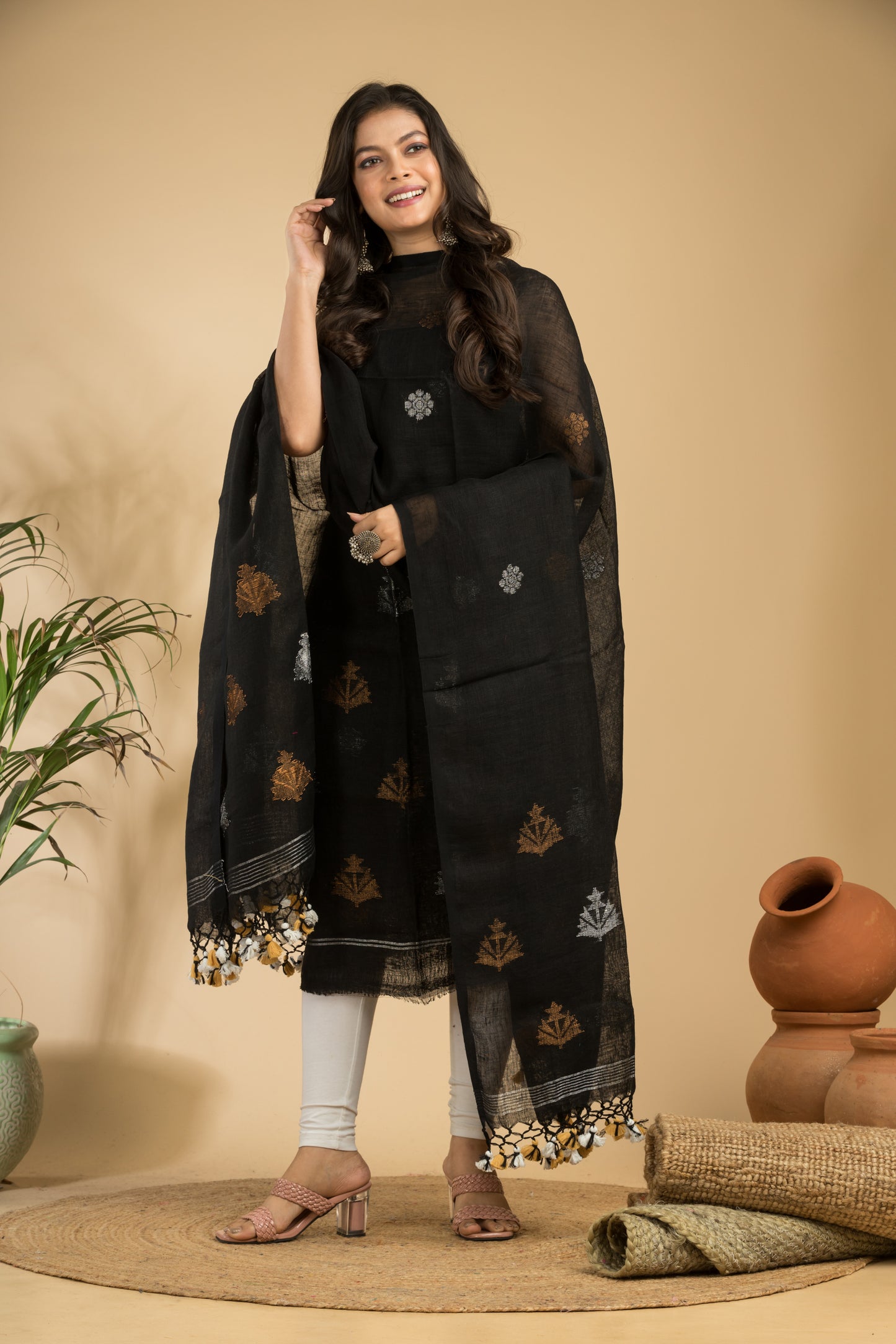 Black Pure Linen Jamdani Handwoven Suit with Tassel Dupatta