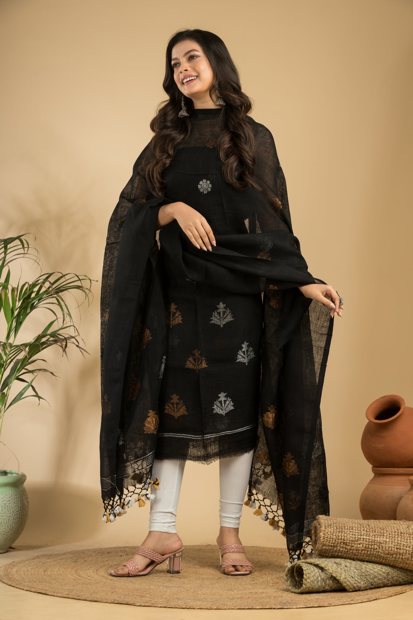 Black Pure Linen Jamdani Handwoven Suit with Tassel Dupatta