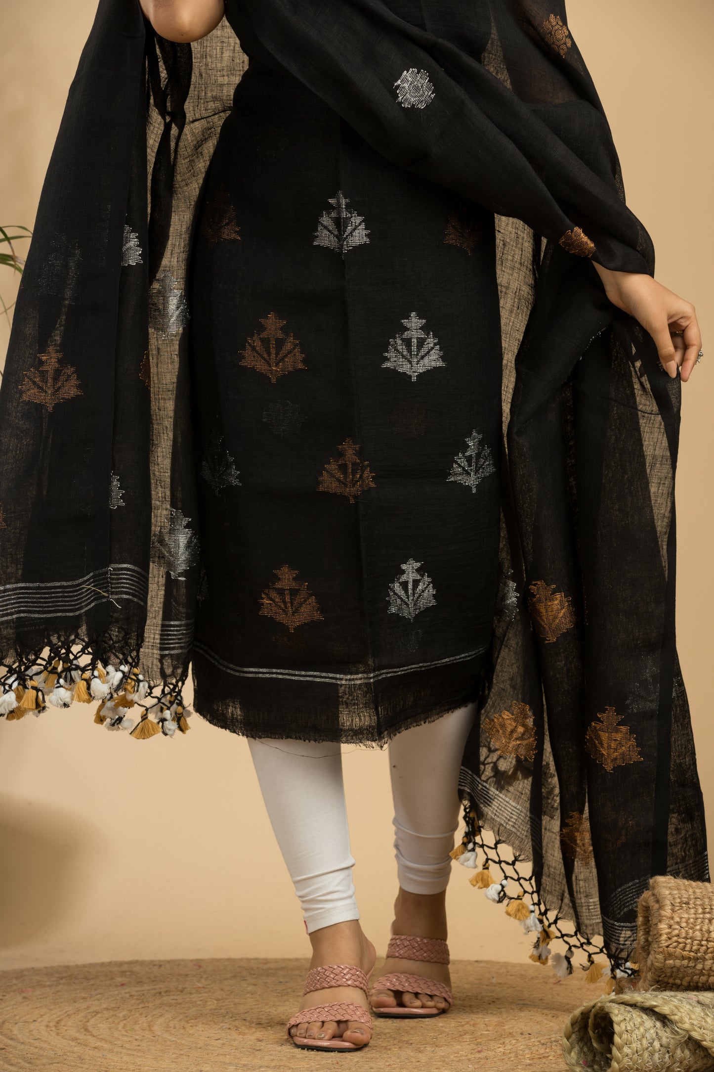 Black Pure Linen Jamdani Handwoven Suit with Tassel Dupatta