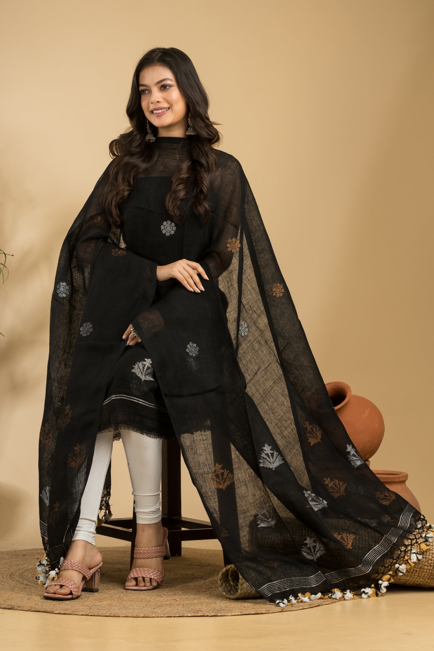 Black Pure Linen Jamdani Handwoven Suit with Tassel Dupatta