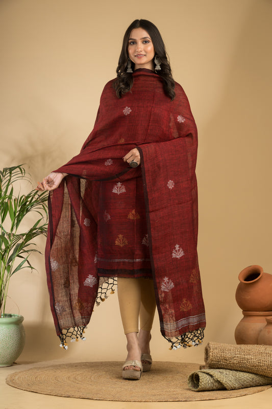 Maroon Pure Linen Jamdani Handwoven Suit with Tassel Dupatta