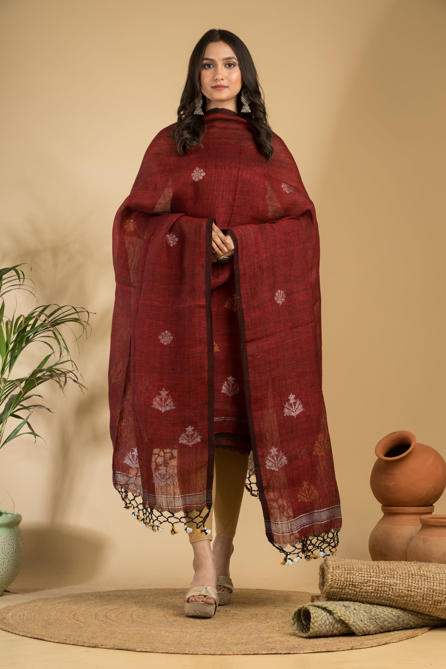Maroon Pure Linen Jamdani Handwoven Suit with Tassel Dupatta