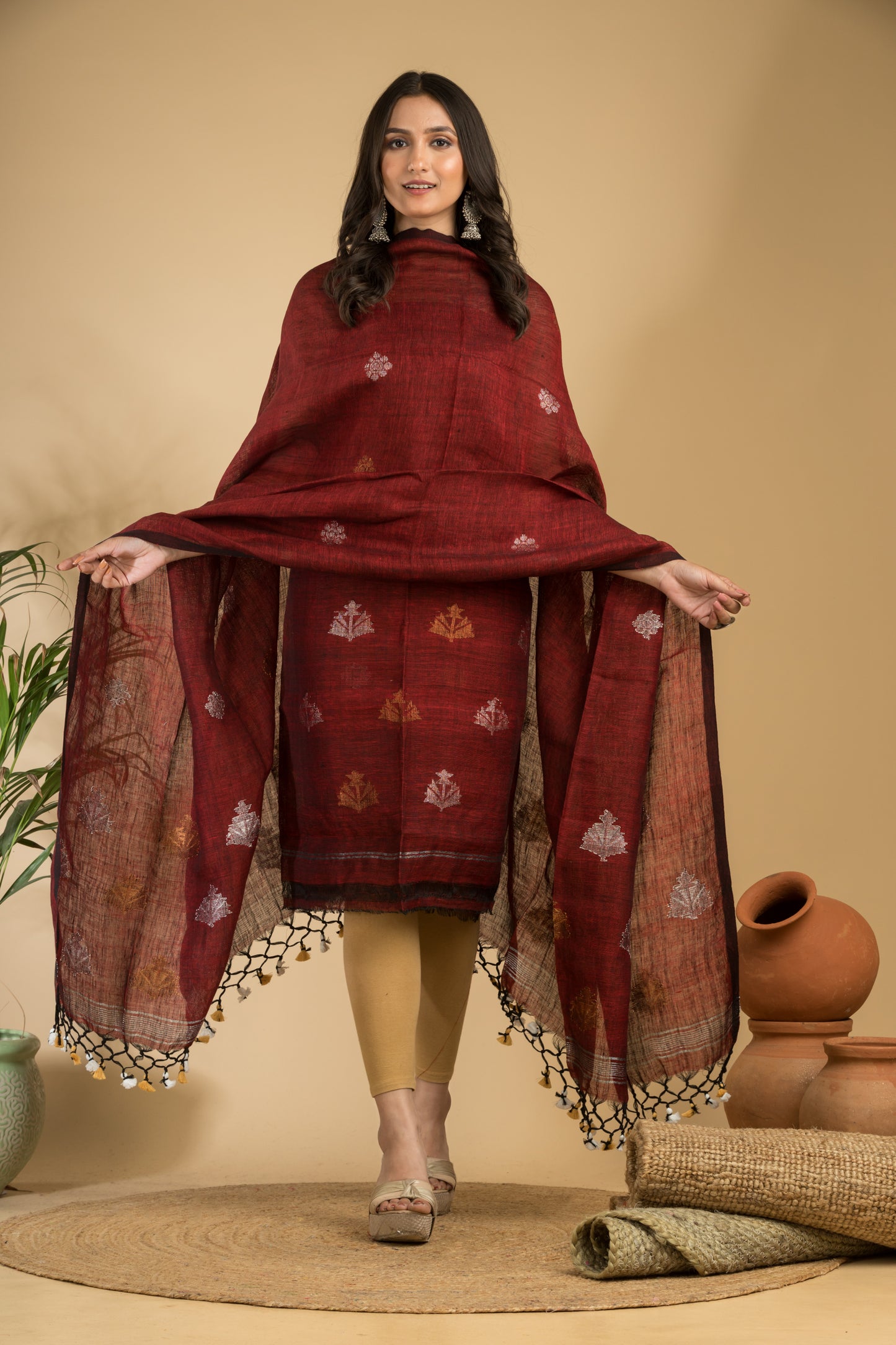 Maroon Pure Linen Jamdani Handwoven Suit with Tassel Dupatta