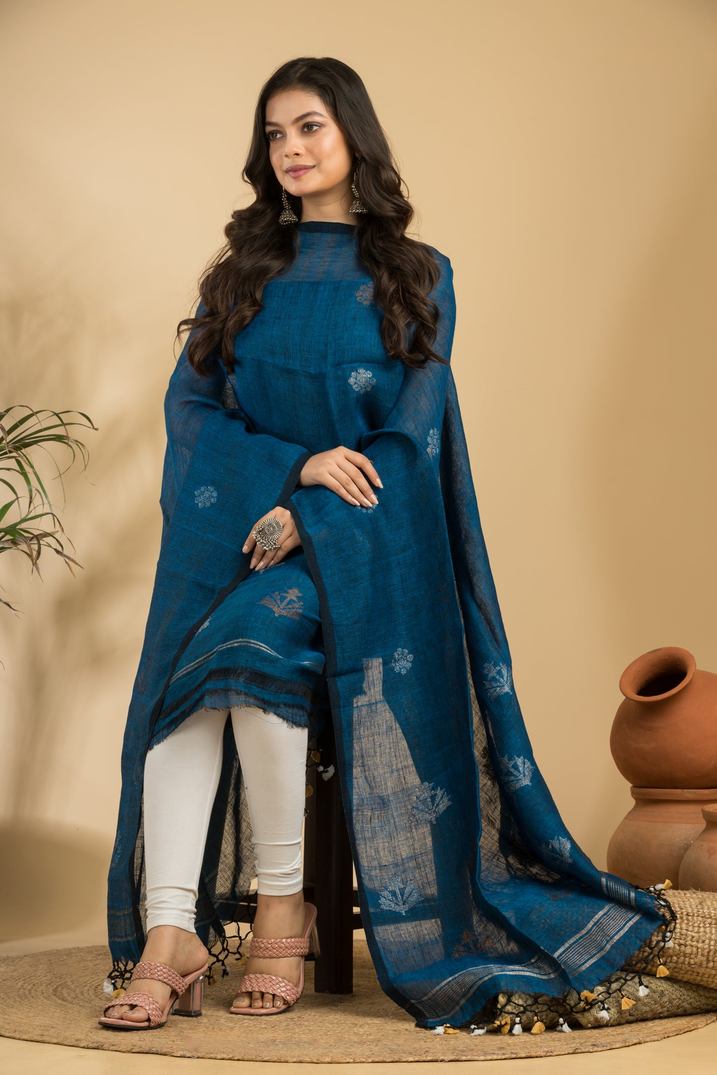 Blue Pure Linen Jamdani Handwoven Suit with Tassel Dupatta