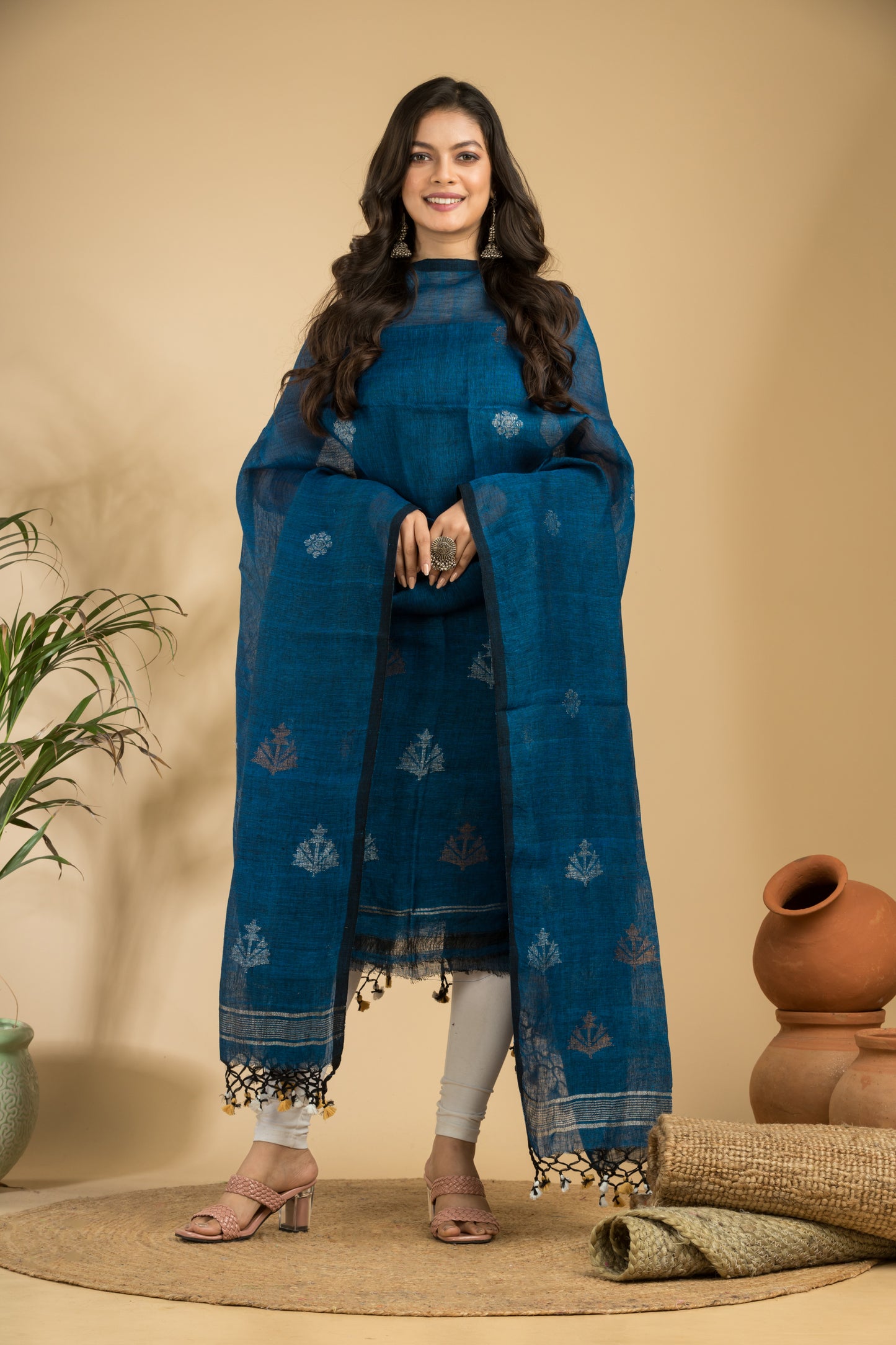Blue Pure Linen Jamdani Handwoven Suit with Tassel Dupatta