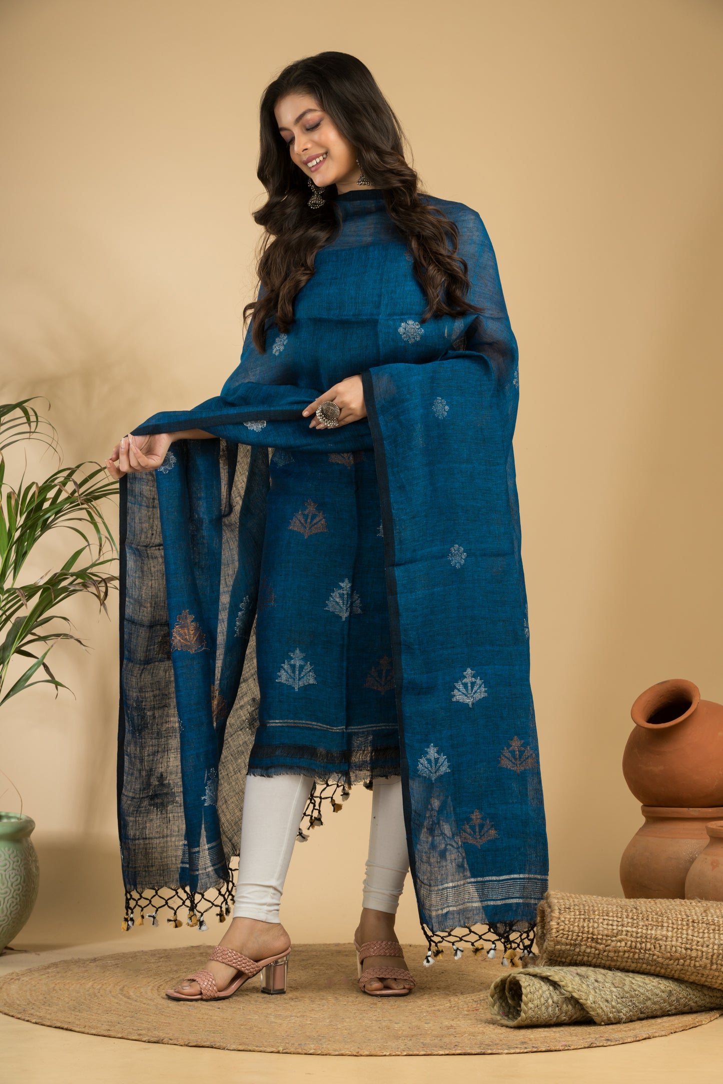 Blue Pure Linen Jamdani Handwoven Suit with Tassel Dupatta