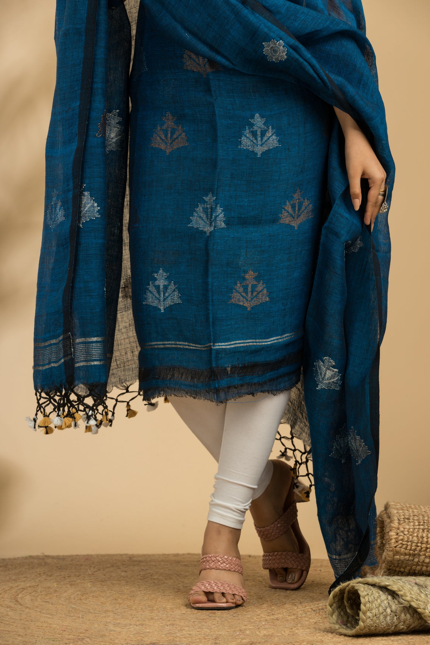 Blue Pure Linen Jamdani Handwoven Suit with Tassel Dupatta
