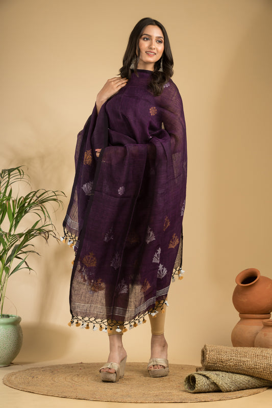 Pure Linen Jamdani Handwoven Suits with Tassel Dupatta