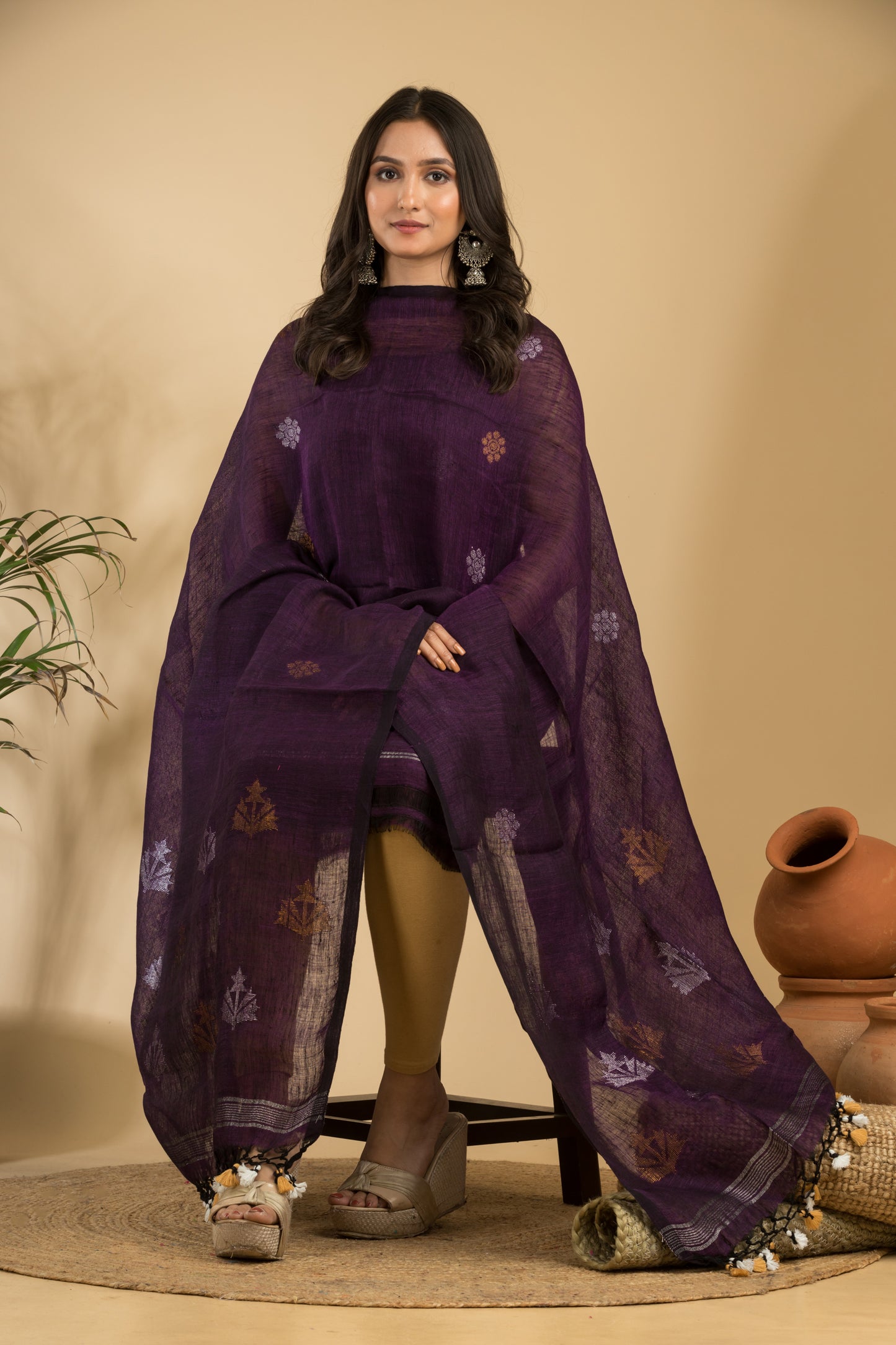 Pure Linen Jamdani Handwoven Suits with Tassel Dupatta