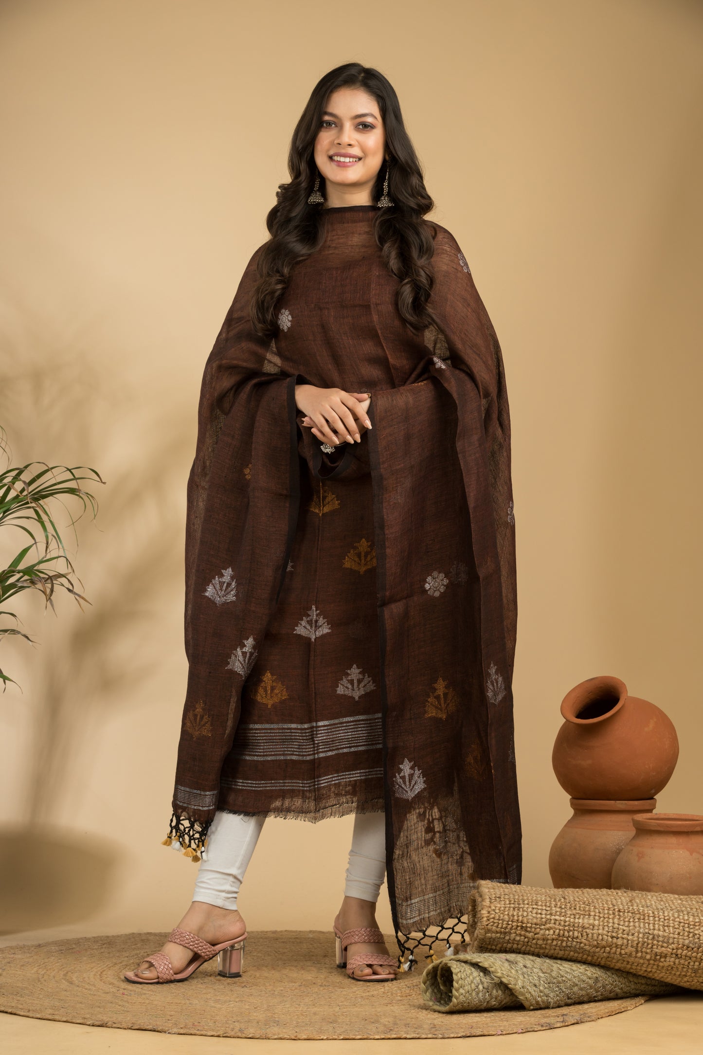Pure Linen Jamdani Handwoven 2-Piece Suit with Tassel Dupatta