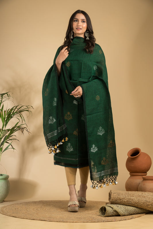 Green Pure Linen Jamdani Handwoven 2-Piece Suit with Tassel Dupatta