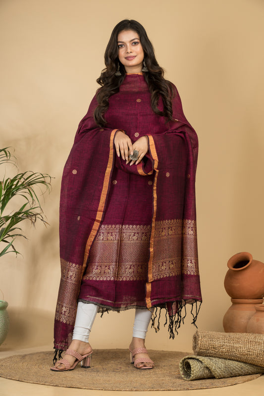 Magenta Pure Linen Jamdani Handwoven 2-Piece Suit with Tassel Dupatta