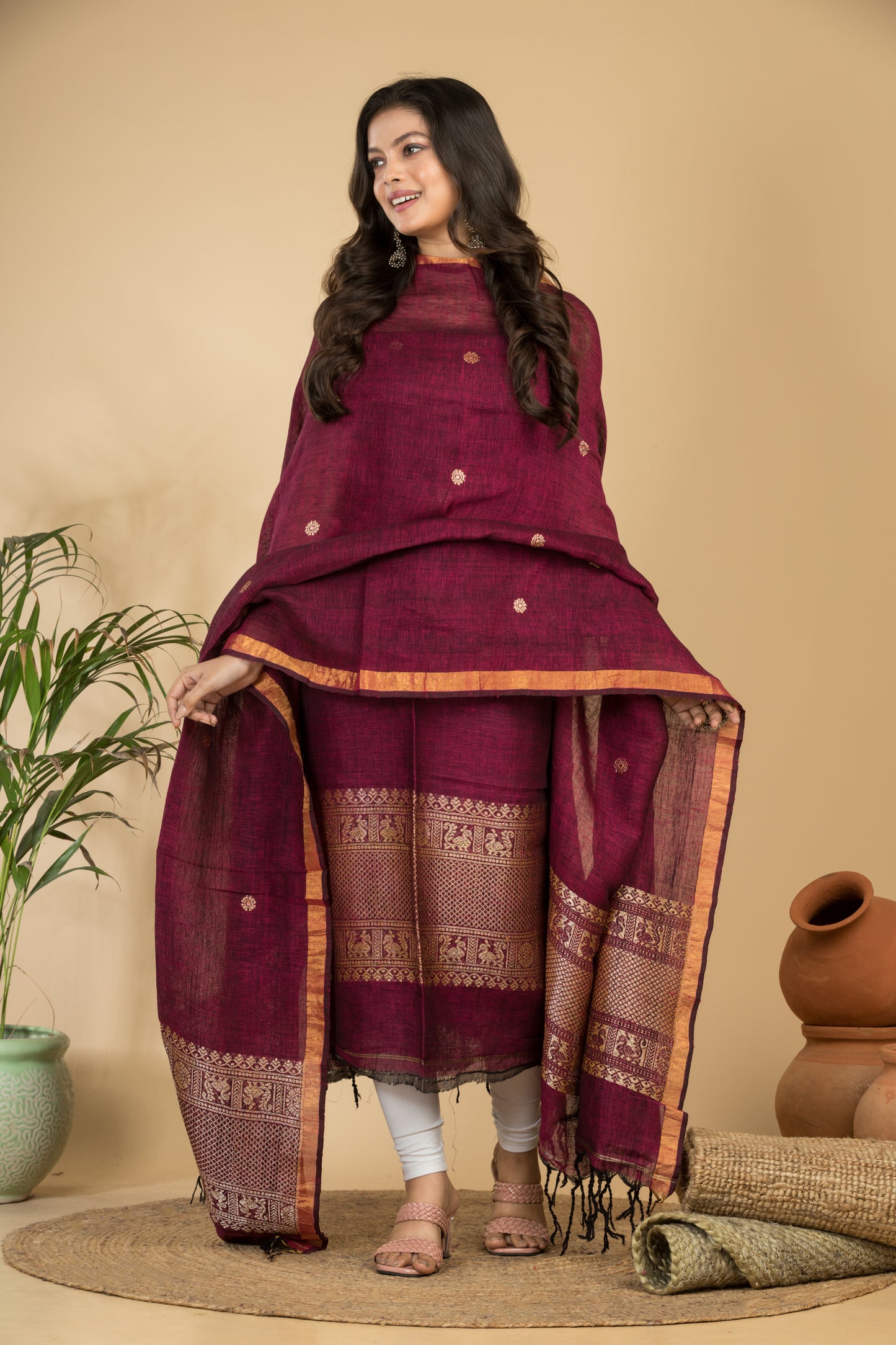 Magenta Pure Linen Jamdani Handwoven 2-Piece Suit with Tassel Dupatta