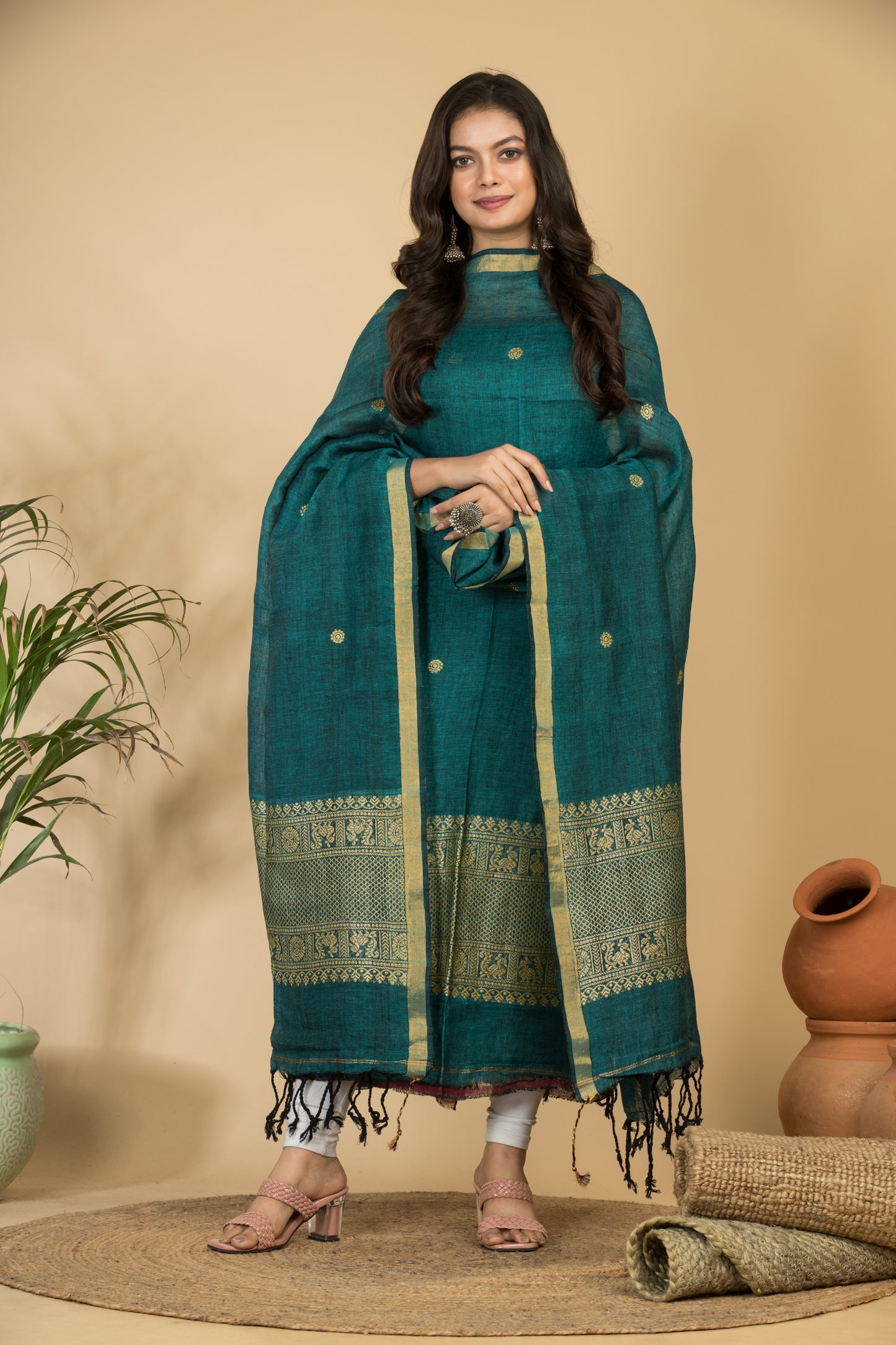 Pure Linen Jamdani Handwoven 2-Piece Suit with Tassel Dupatta