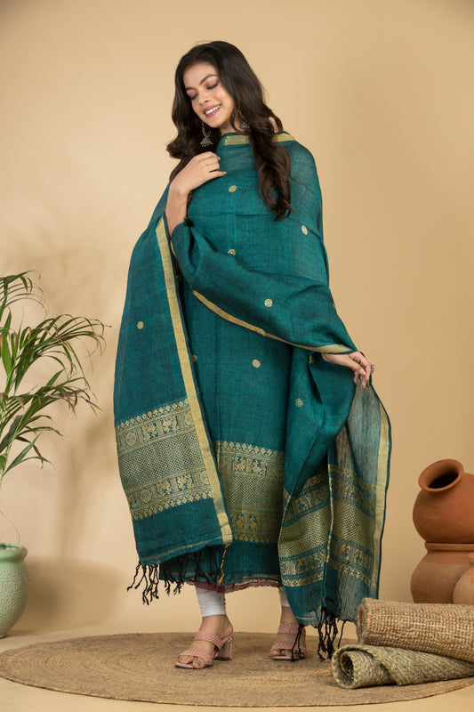 Pure Linen Jamdani Handwoven 2-Piece Suit with Tassel Dupatta