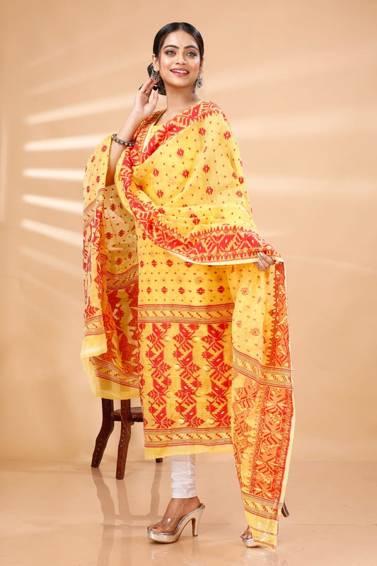 Radiant Fusion: Unstitched Yellow & Red Jamdani Cotton Suit Set