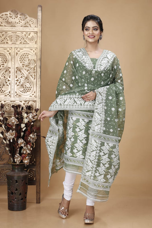 Enchanted Forest: Unstitched Lite Hunter Green Jamdani Cotton Suit Set