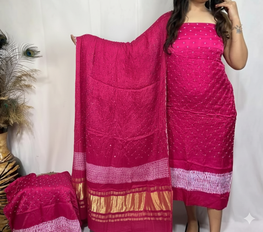 🌸 Pink Pure Modal Silk Bandhej 3 Piece Suit Set 🌸