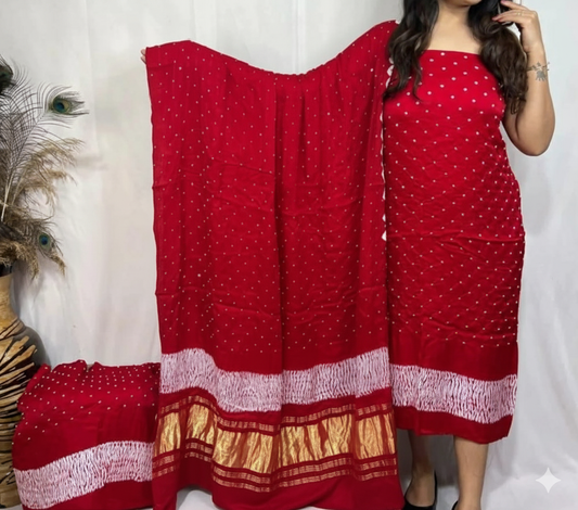 ❤️ Red Pure Modal Silk Bandhej 3 Piece Suit Set ❤️