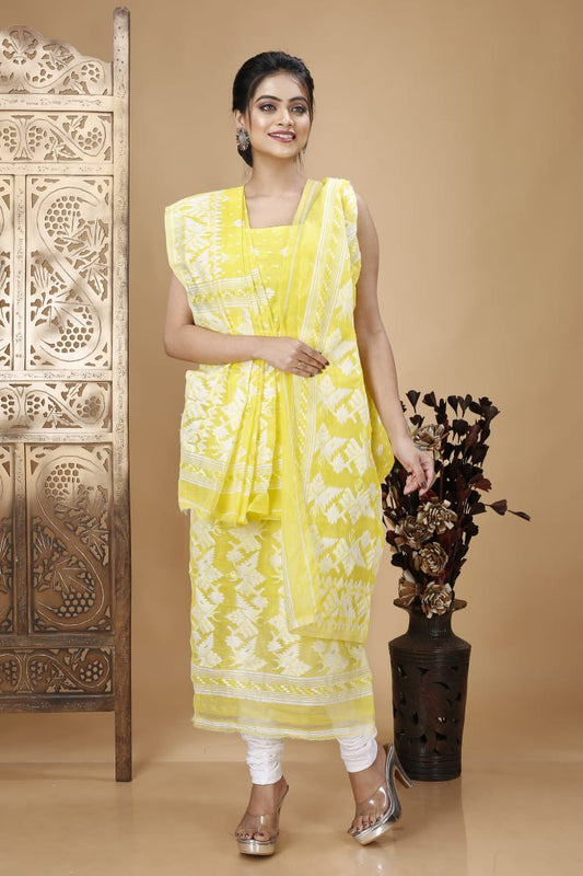 Luminous Charm: Unstitched Lemon Yellow Jamdani Cotton Suit Set