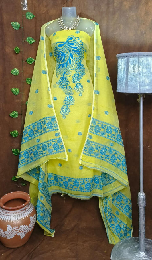 Radiant Lemon Yellow Jamdani Cotton Suit Set
