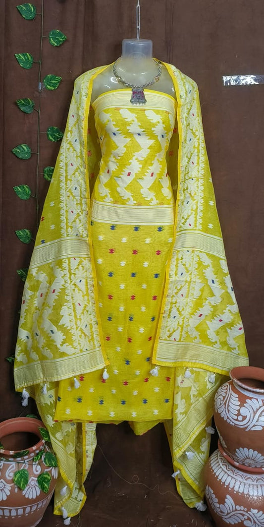 Sunshine Splendor: Yellow Jamdani Suit Piece