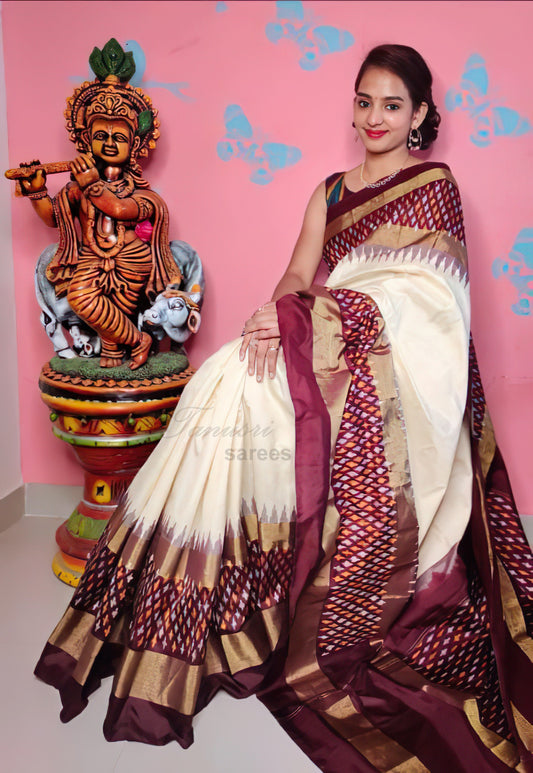Elegant Fusion Off-White and Maroon Ikat Patola Silk Saree