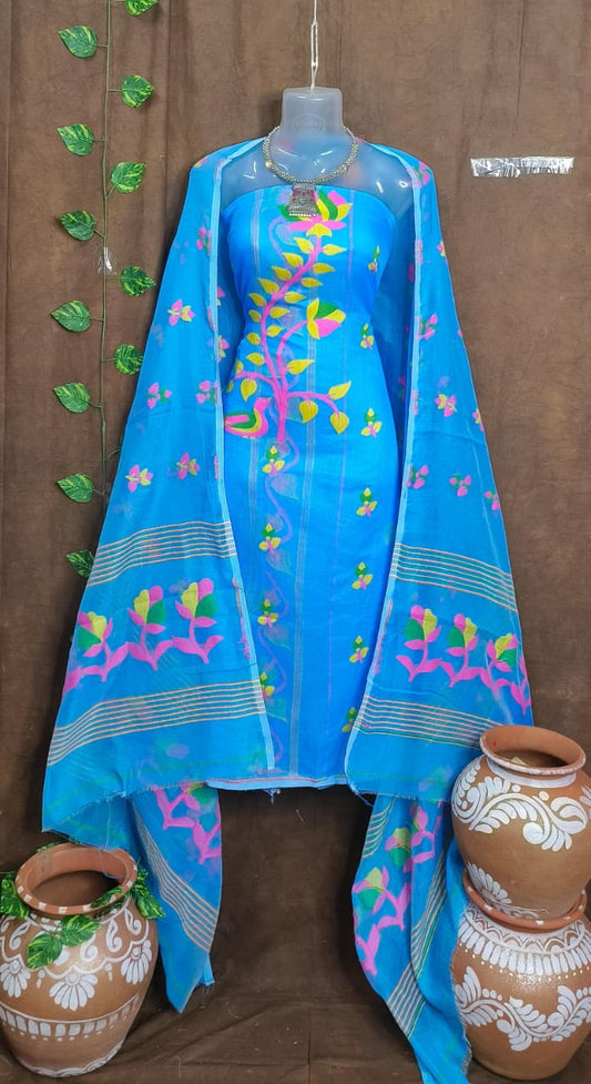 Heavenly Bliss: Unstitched Sky Blue Jamdani Cotton Suit Set