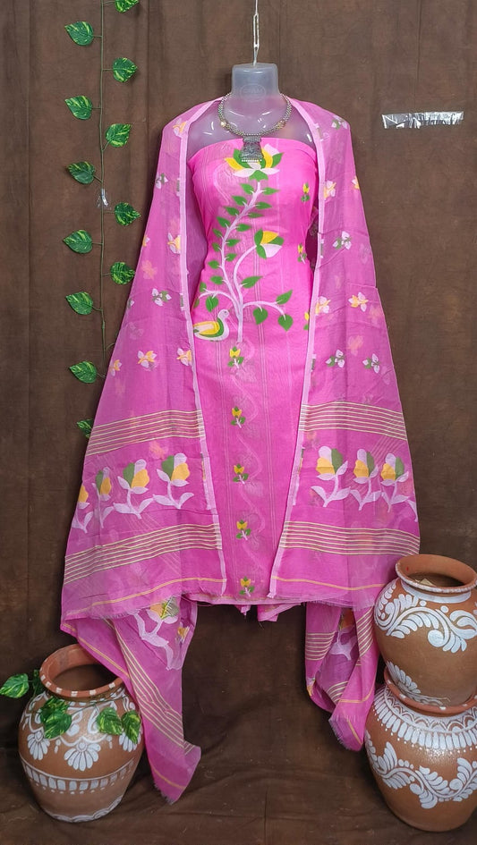 Pink Perfection: Unstitched Parle Pink Jamdani Cotton Suit Set