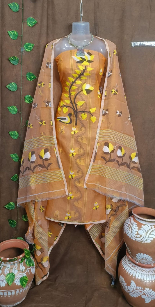Golden Horizon: Unstitched Ochre Jamdani Cotton Suit Set