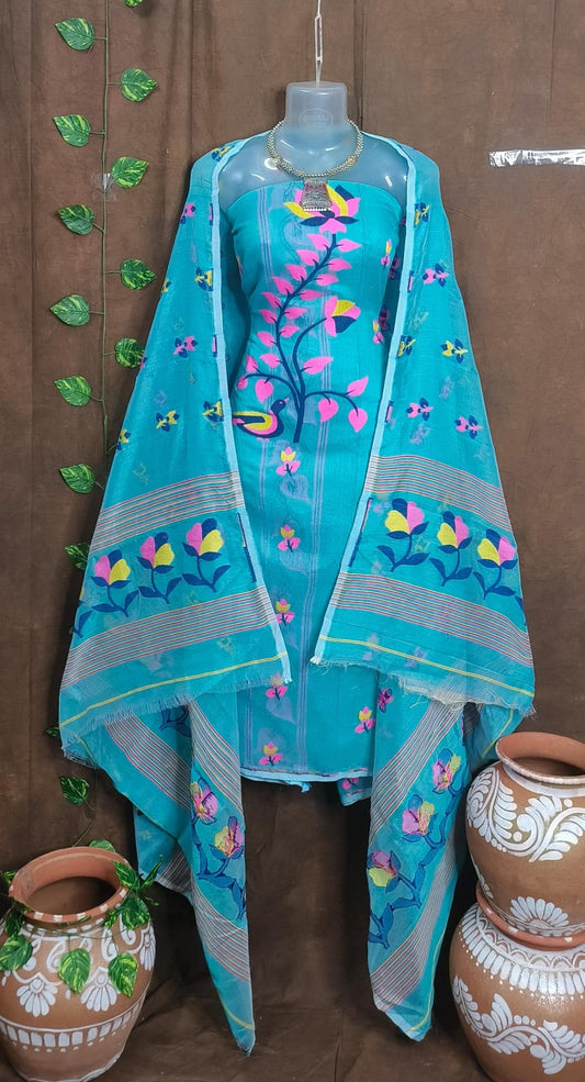 Sky Serenade: Unstitched Sky Blue Jamdani Cotton Suit Set