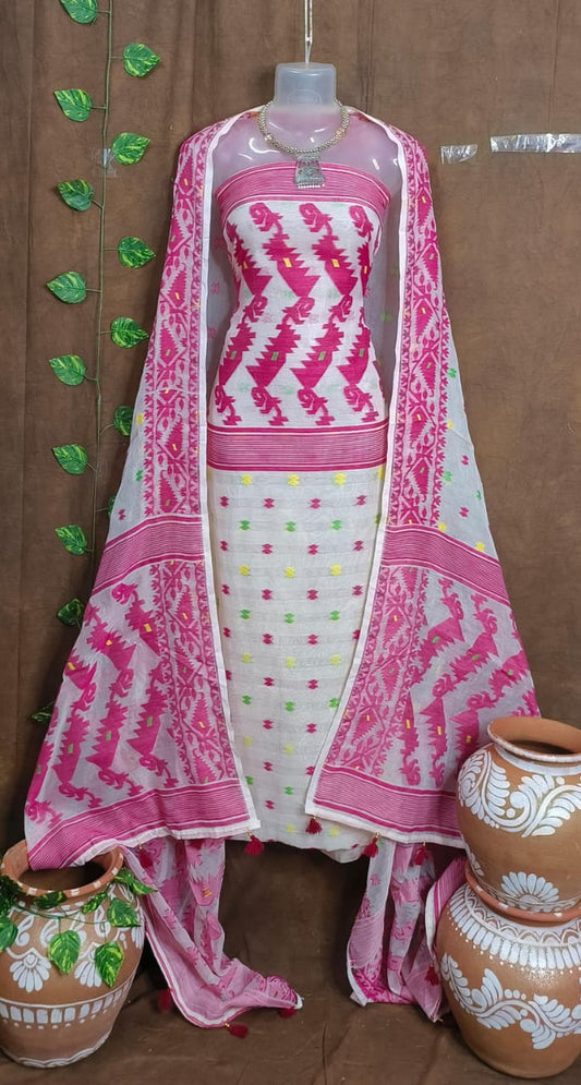 Regal Radiance: Rani Pink & Cream Jamdani Suit