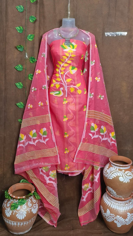 Vibrant Delight: Unstitched Punch Pink Jamdani Cotton Suit Set