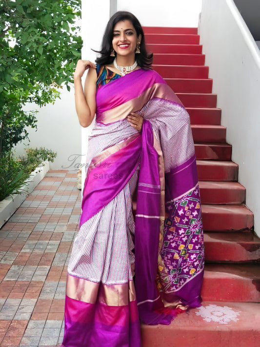 Majestic Amethyst Purple Checks Ikat Patola Silk Saree