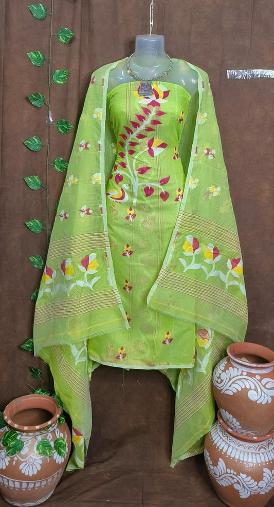Green Enchantment: Unstitched Parrot Green Jamdani Cotton Suit Set