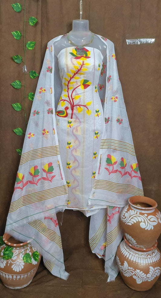 Pristine Grace: Unstitched White Jamdani Cotton Suit Set