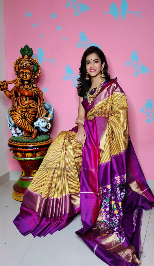 Golden Accents The Mustard Yellow Checks and Purple Ikat Patola Silk Saree
